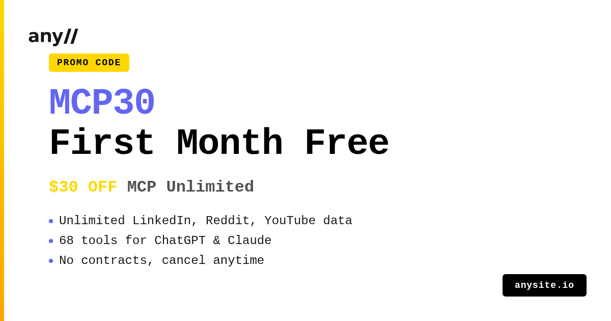 MCP30: One Month Free Access to LinkedIn, Reddit, YouTube, Instagram Data