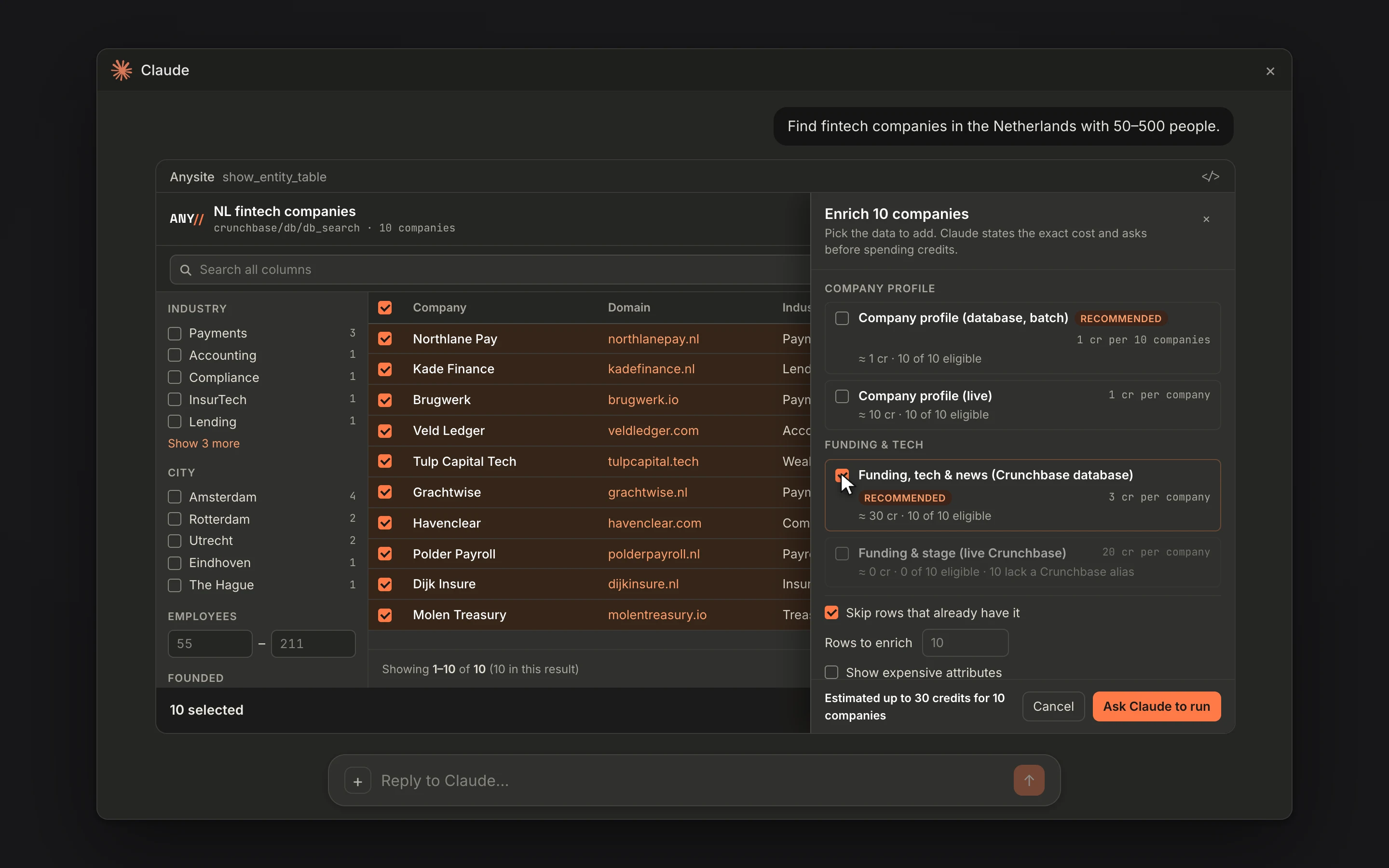 The Enrich panel listing data to add, each option with its credit cost and the number of eligible rows