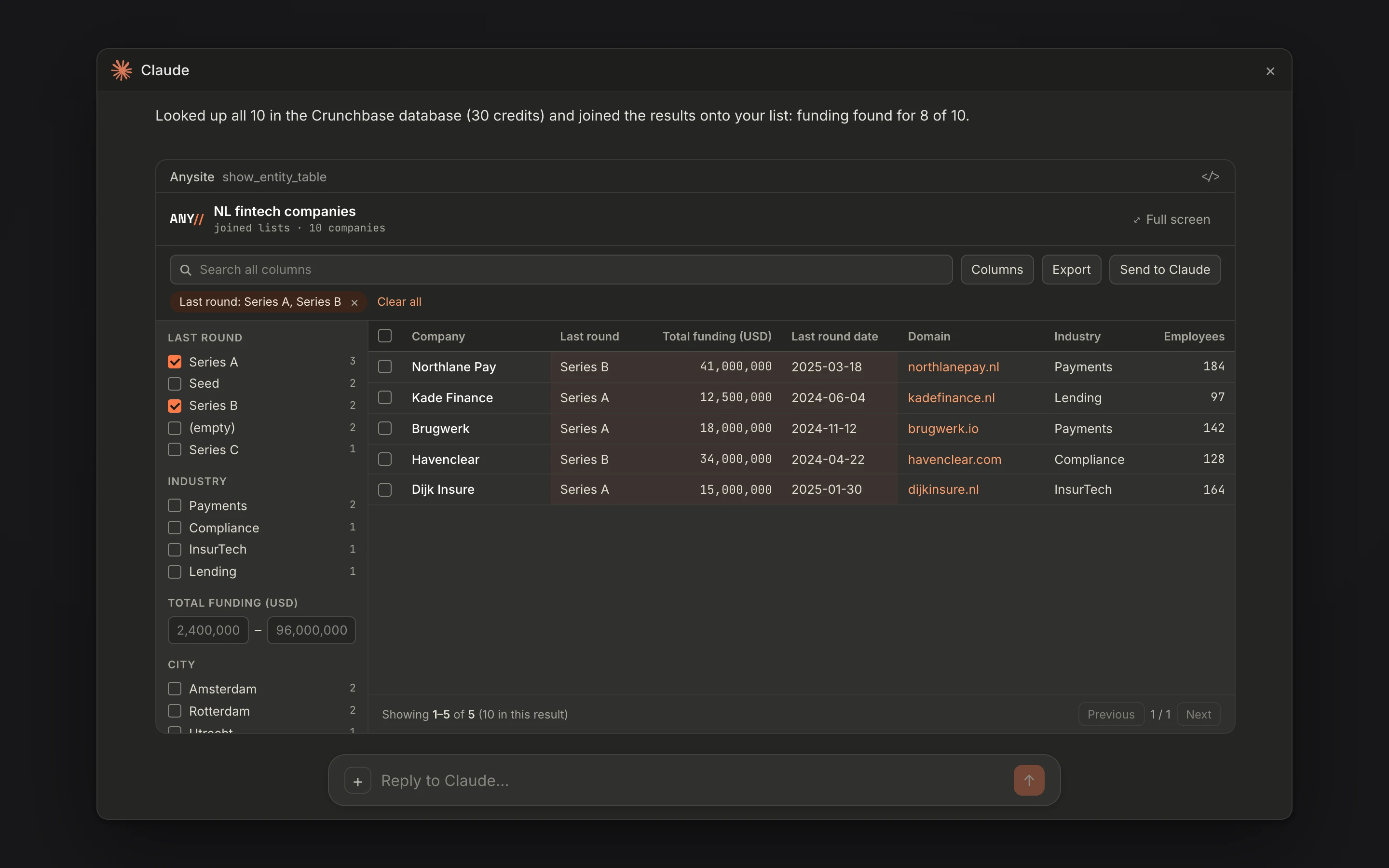 The same table reopened with funding columns added and the earlier filters still applied