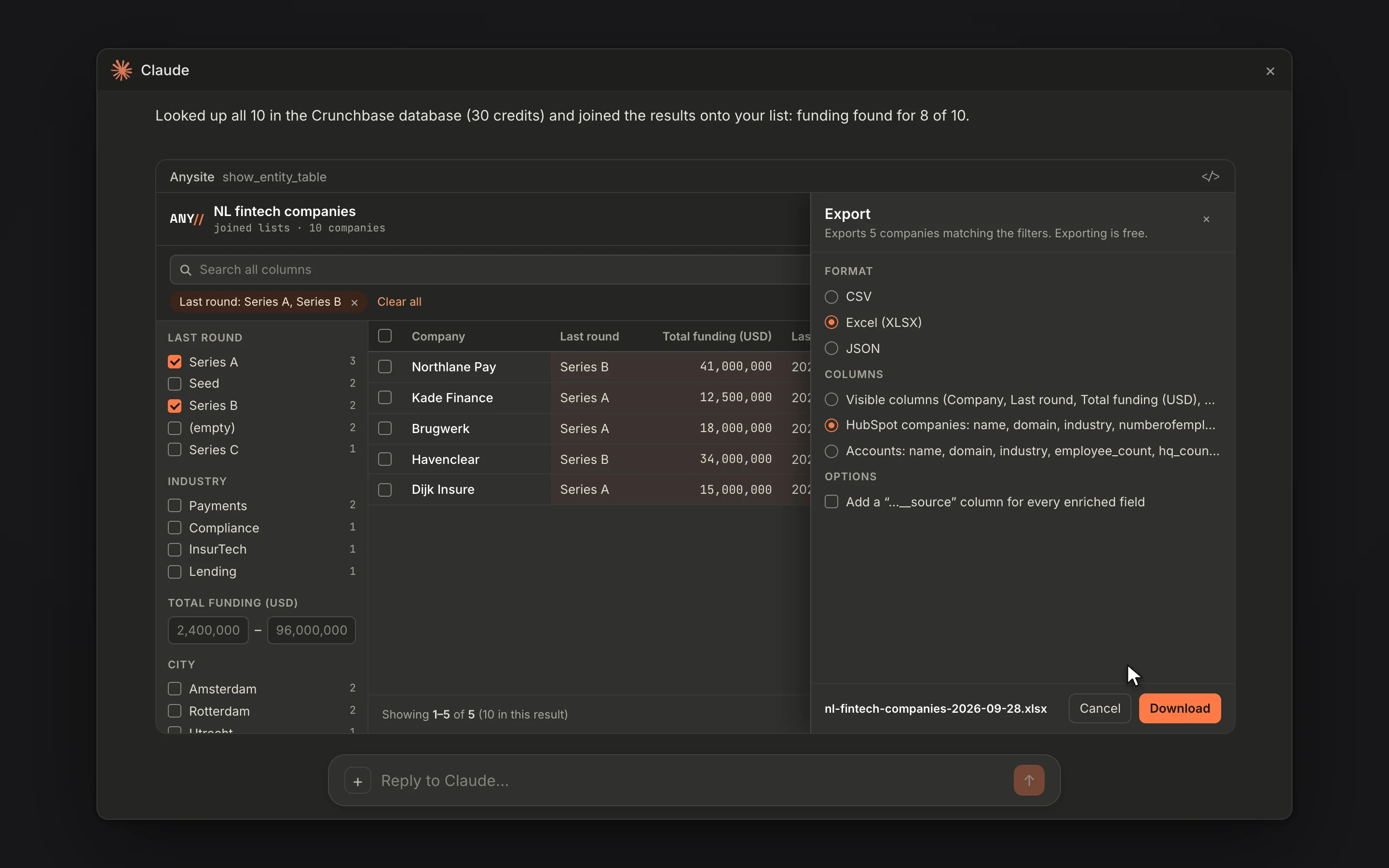 The Export panel with the HubSpot preset and the XLSX format selected