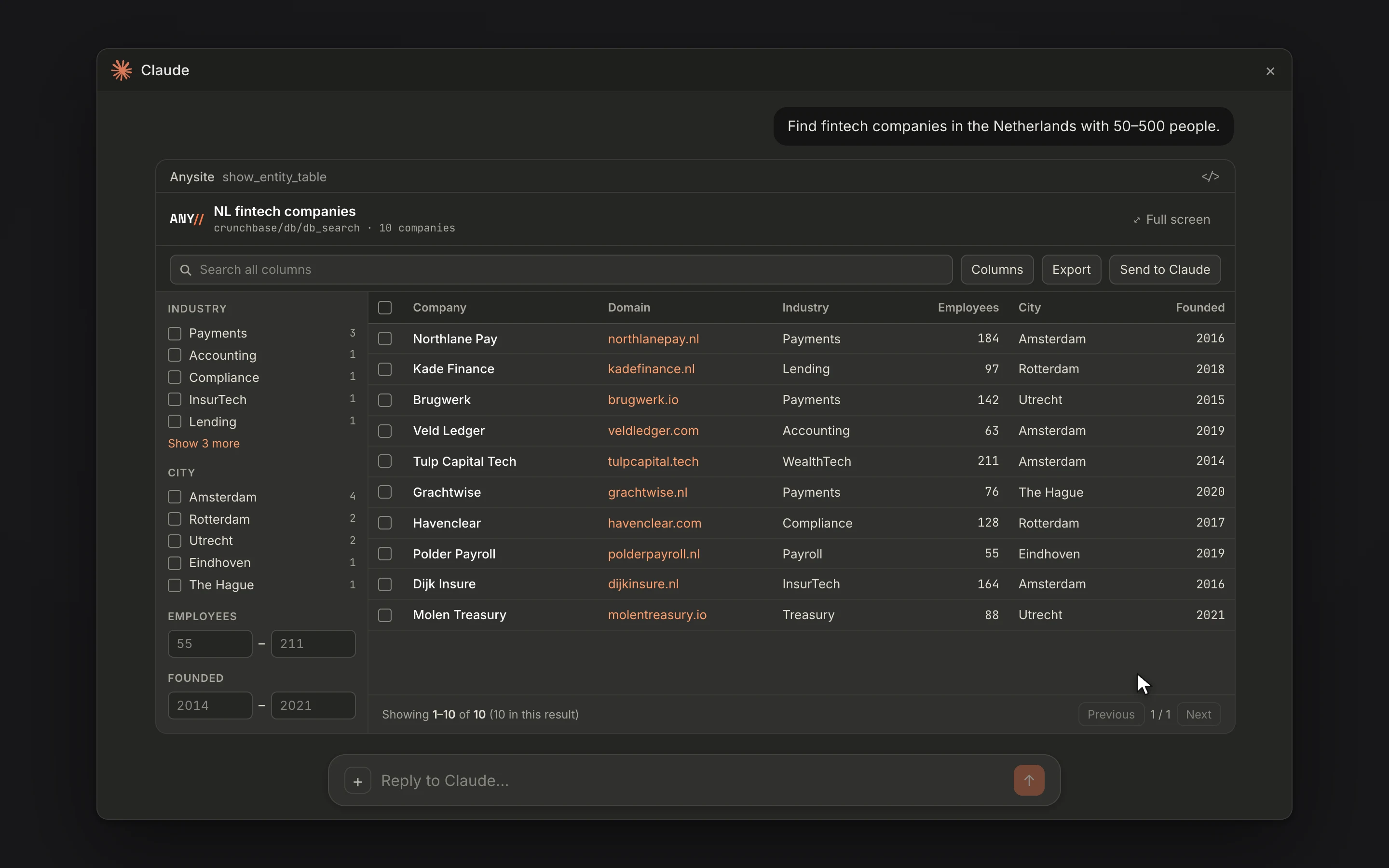 An interactive table of fintech companies inside the chat, with filters on the left and a search box above the rows